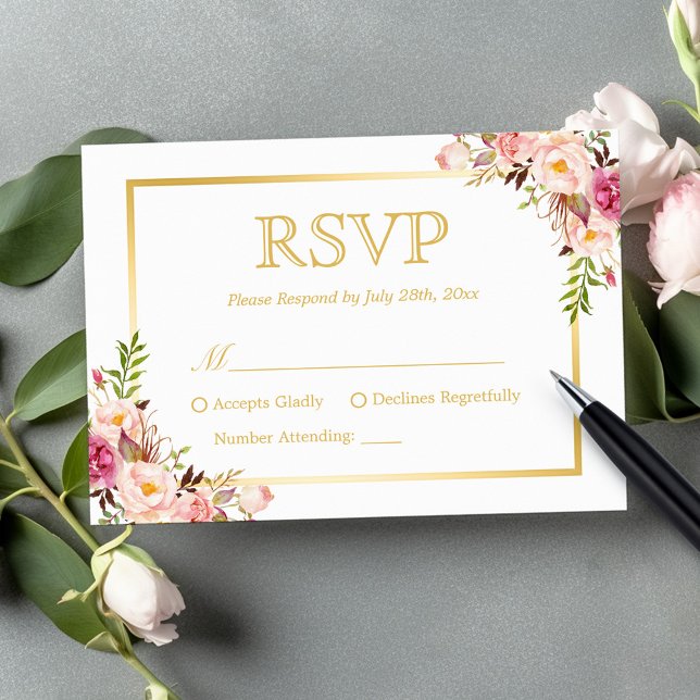 Elegant Chic Gold Frame Blush Pink Floral Wedding RSVP Card (Creator Uploaded)