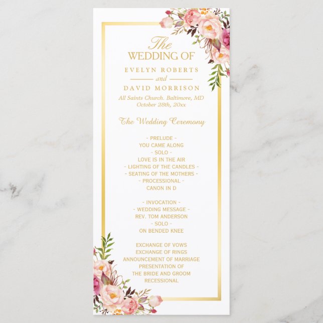 Elegant Chic Gold Frame Floral Wedding Program Programme (Front)