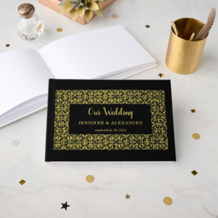 Elegant chic gold frame on black gold foil guest book