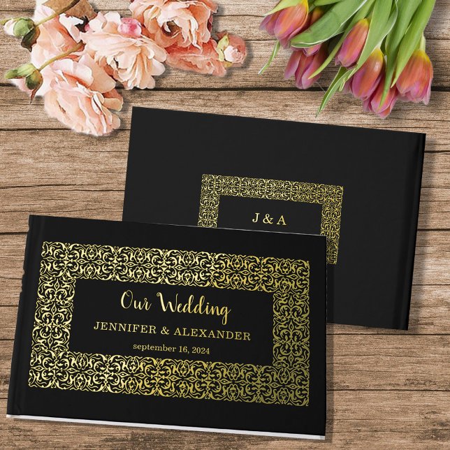 Elegant chic gold frame on black gold foil guest book (Chic elegant frame, monogrammed gold foil wedding guestbook.)