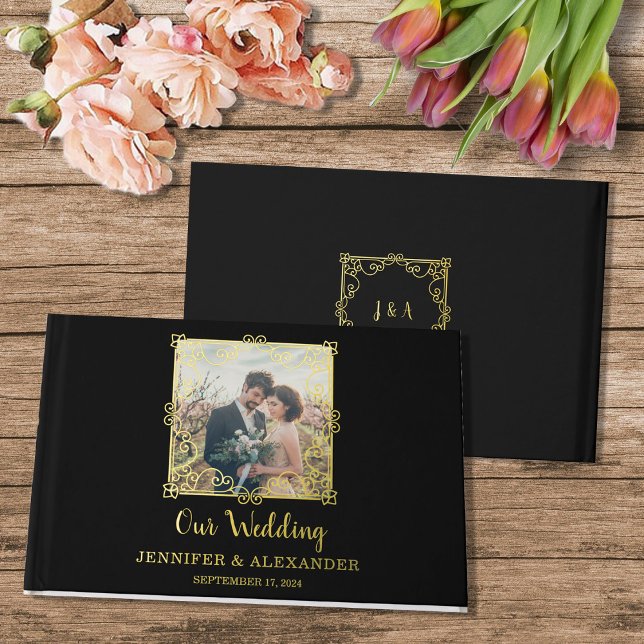 Elegant chic gold frame photo gold foil wedding guest book (Gold black monogrammed,  photo gold foil wedding guestbook.)