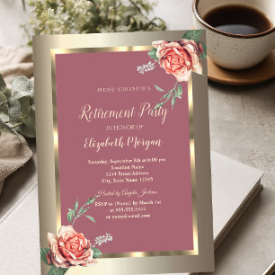 Elegant Chic Gold Frame Roses Retirement Invitation