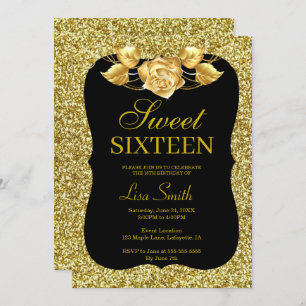 Elegant Chic Gold Glitter Gold Rose Sweet 16 Invitation