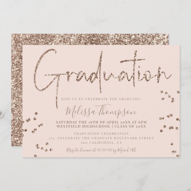 Elegant chic gold glitter script blush graduation invitation (Front/Back)