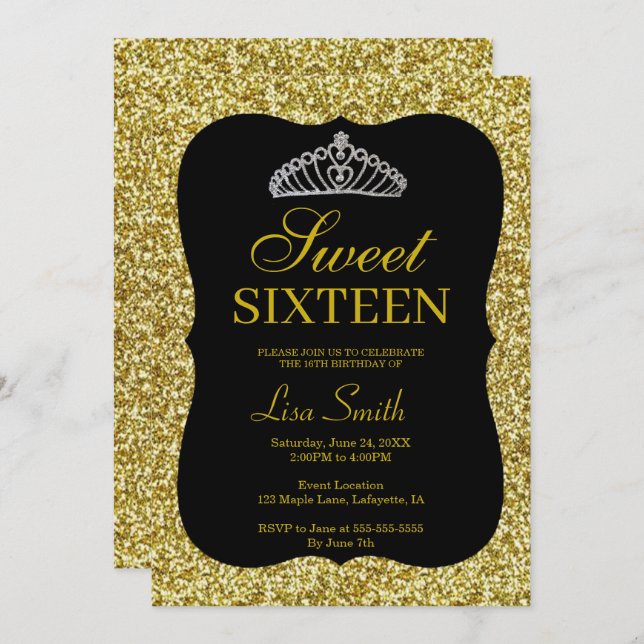 Elegant Chic Gold Glitter Tiara Sweet 16 Invitation (Front/Back)