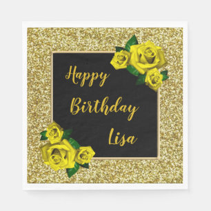 Elegant Chic Gold Glitter Yellow Roses Birthday Napkin