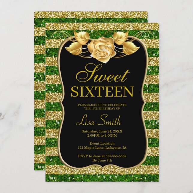 Elegant Chic Gold Green Glitter Rose Sweet 16 Invitation (Front/Back)