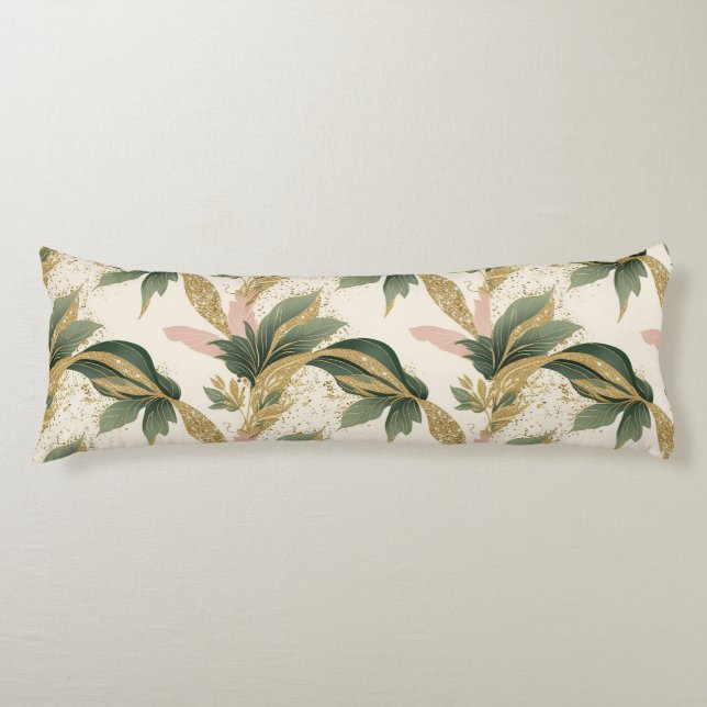 Elegant Chic Gold & Green Leaf Pattern Body Cushion (Front)