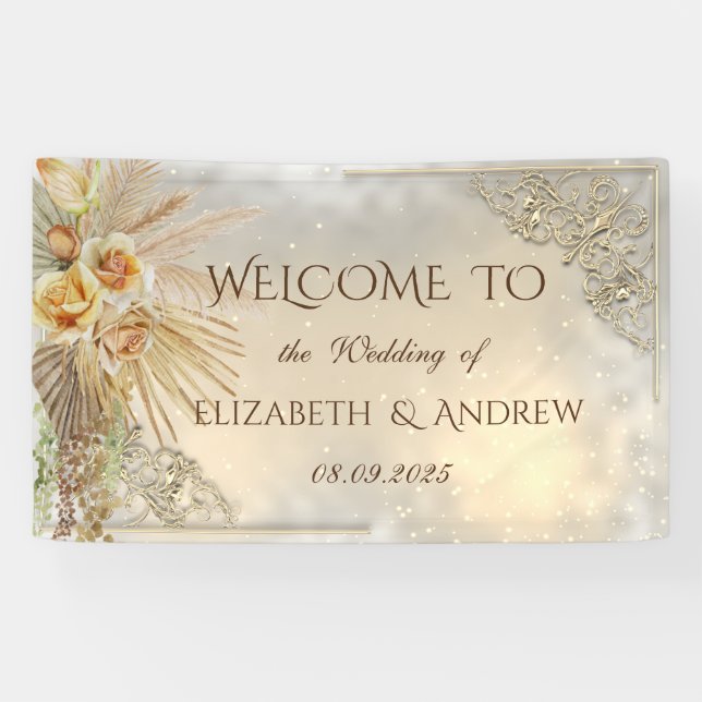 Elegant Chic Gold Hearts Boho Flowers Banner (Horizontal)