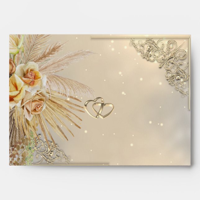 Elegant Chic Gold Hearts Boho Flowers Wedding Envelope (Front)
