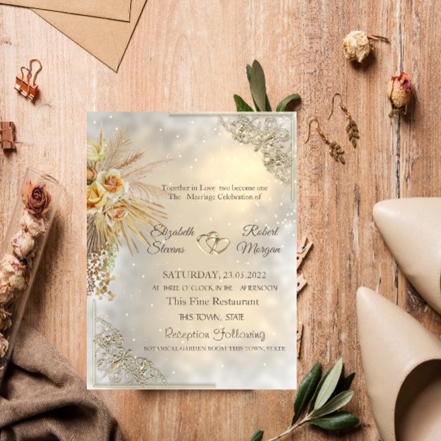 Elegant Chic Gold Hearts Boho Flowers Wedding  Invitation (Creator Uploaded)