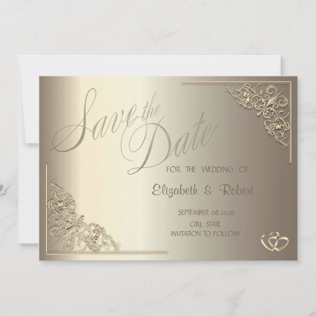 Elegant Chic Gold Hearts Frame Save The Date (Front)