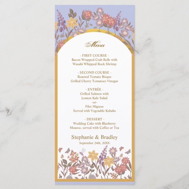 Elegant Chic Gold Lavender Wildflower Arch Wedding Menu (Front)