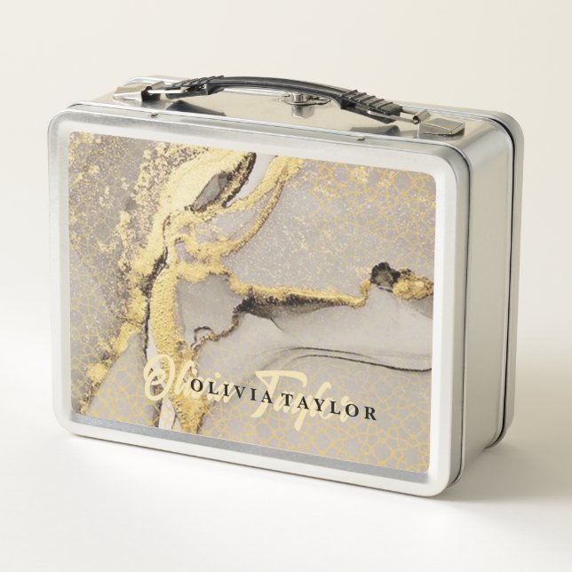 Elegant chic  gold marble Personalised Name Metal Lunch Box (Back)