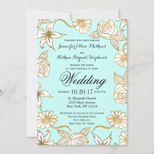 Elegant Chic Gold Mint Flowers Wedding Invitations (Front)