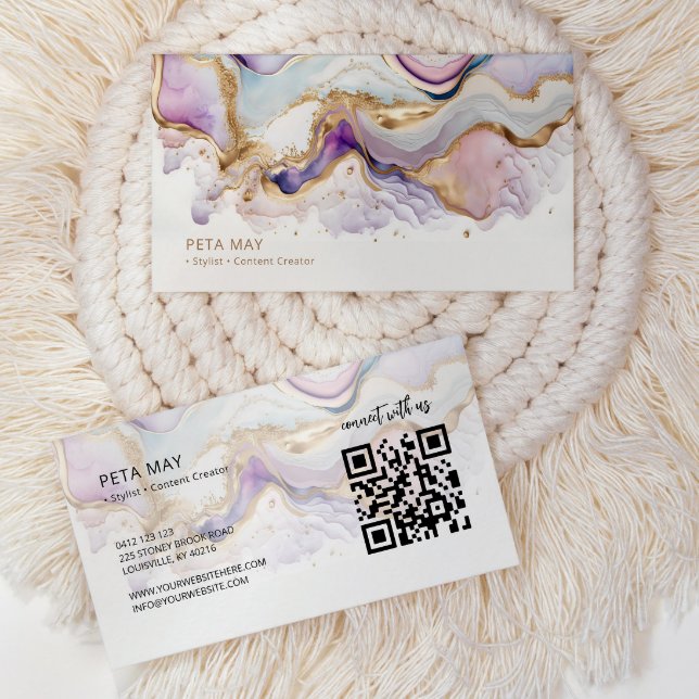 Elegant Chic Gold & Purple Abstract Watercolour QR Business Card (Creator Uploaded)
