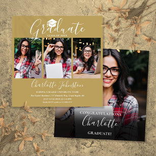 Elegant Chic Gold Script 4 Photo Graduation Party Invitation
