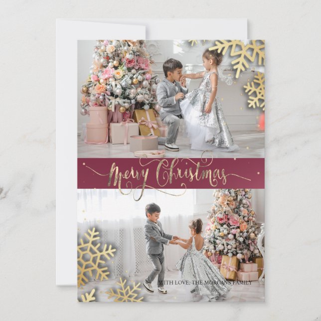 Elegant Chic Gold Snowflakes Photo Merry Christmas (Front)