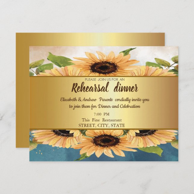Elegant Chic Gold,Sunflowers Rehearsal Dinner Invitation (Front/Back)