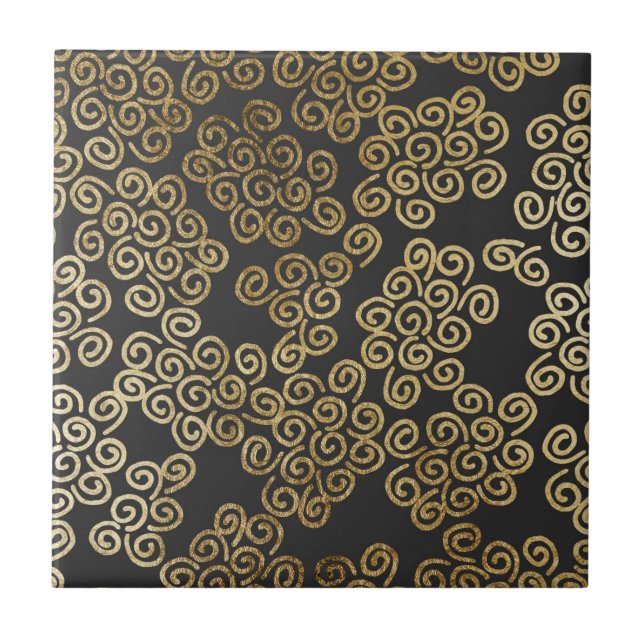 Elegant Chic Gold Swirls on Black Tile (Front)