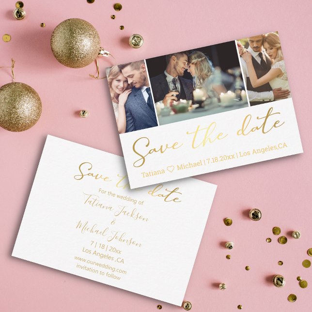 elegant chic golden 3 photos collage save the date card (Creator Uploaded)