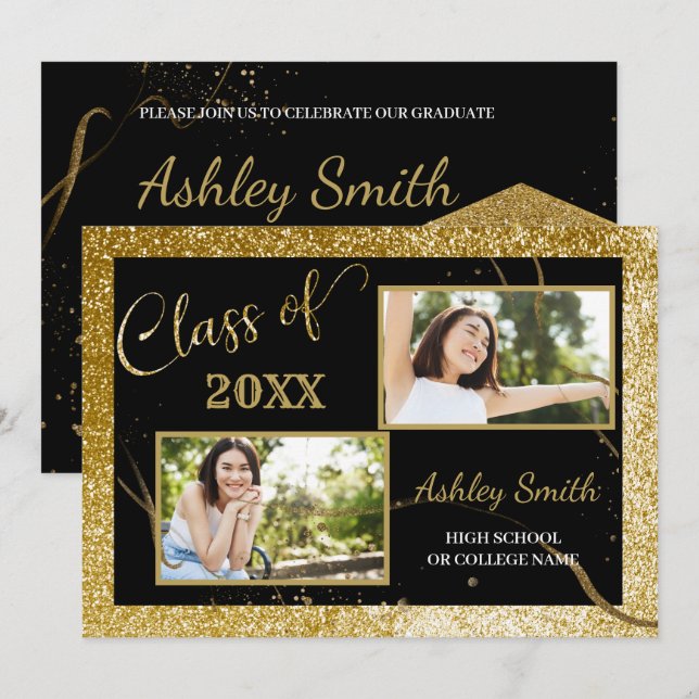 Elegant chic golden & black graduation invitation (Front/Back)