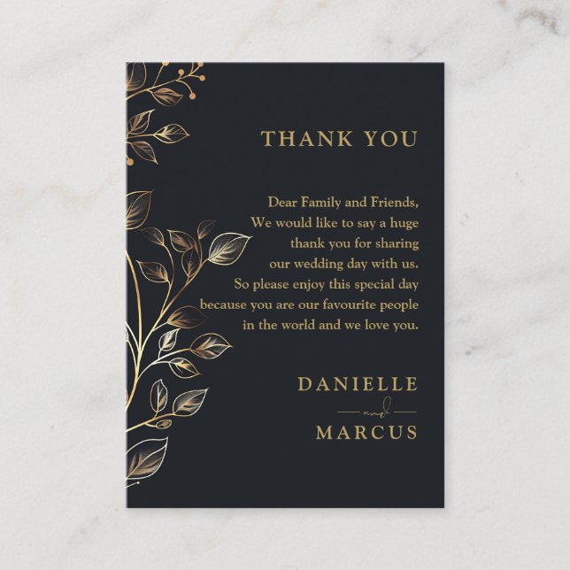 Elegant Chic Golden Floral Wedding Thank You Place Card (Front)