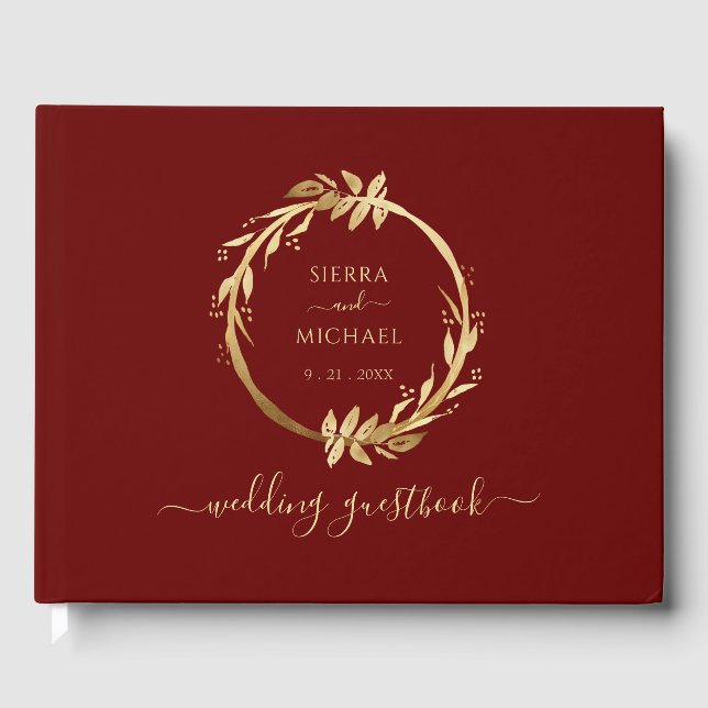 Elegant Chic Golden Foliage Burgundy Wedding Guest Book (Front)