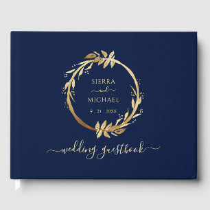 Elegant Chic Golden Foliage Navy Blue Wedding Guest Book