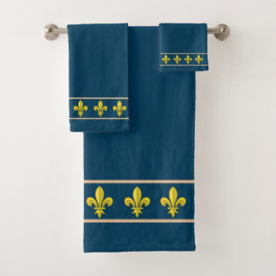 Elegant, Chic Golden Lis Flowers on Blue Bath Towel Set