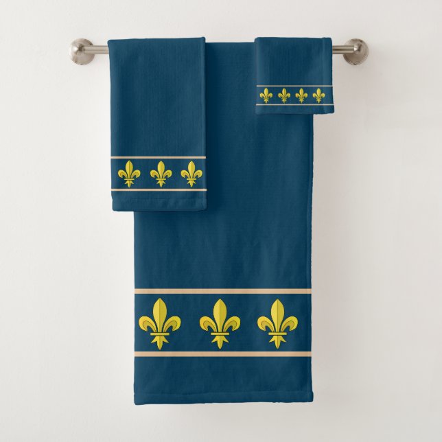 Elegant, Chic Golden Lis Flowers on Blue Bath Towel Set (Insitu)
