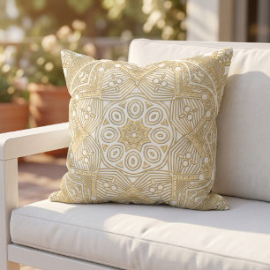 Elegant Chic Golden Mandala Flower Art On White Cushion