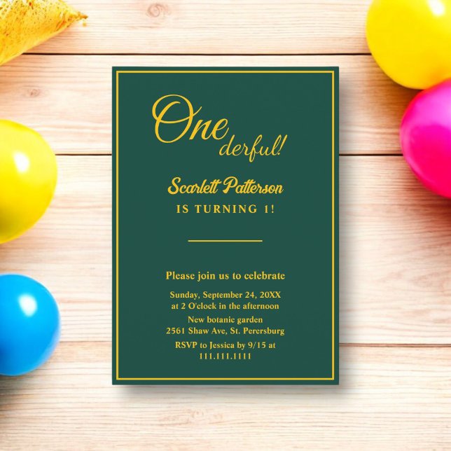Elegant Chic Green And Gold Minimal 1st Birthday Invitation (Creator Uploaded)