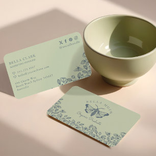 Elegant & Chic Green & Blue Florals & Moth Logo Business Card