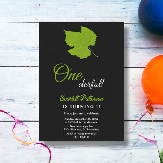 Elegant Chic Green Fall Leaves Black 1st Birthday Invitation