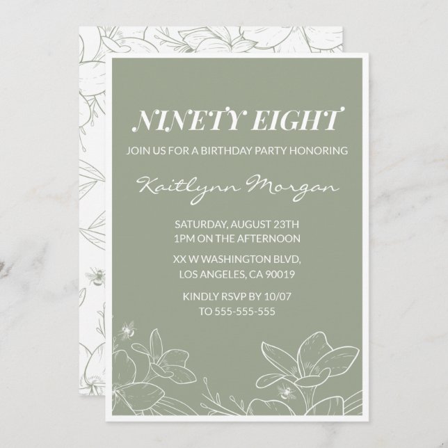 Elegant Chic Green Floral 98th birthday invitation (Front/Back)