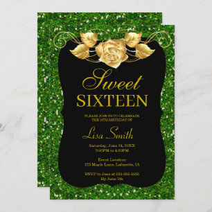 Elegant Chic Green Glitter Gold Rose Sweet 16 Invitation