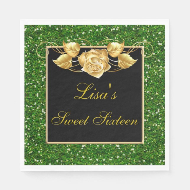 Elegant Chic Green Glitter Gold Rose Sweet 16 Napkin (Front)