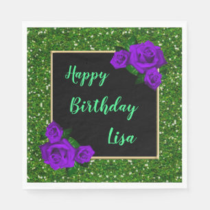 Elegant Chic Green Glitter Purple Roses Birthday Napkin