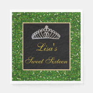 Elegant Chic Green Glitter Tiara Sweet 16 Napkin