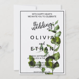 Elegant Chic Green Leaves White Floral Wedding Invitation