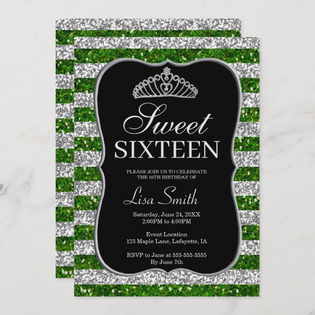 Elegant Chic Green Silver Glitter Tiara Sweet 16 Invitation (Front/Back)