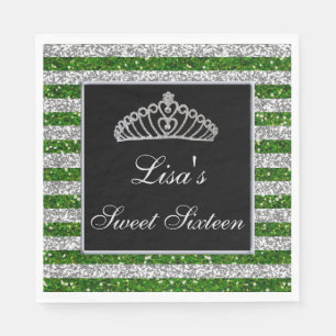 Elegant Chic Green Silver Glitter Tiara Sweet 16 Napkin