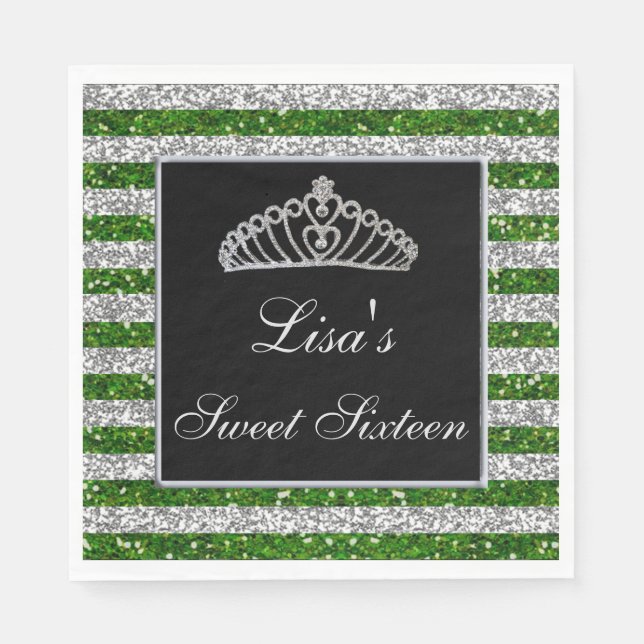 Elegant Chic Green Silver Glitter Tiara Sweet 16 Napkin (Front)