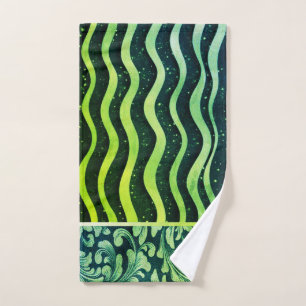 Elegant Chic Green Swirls Lines Black Bath Towel Set