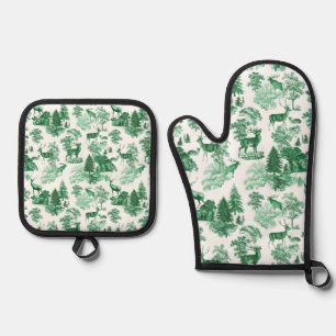 Elegant Chic Green White Toile Deer Woodland Oven Mitt & Pot Holder Set