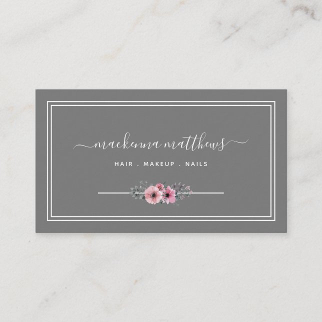 Elegant Chic Grey Floral Script Hair Stylist Salon Business Card (Front)