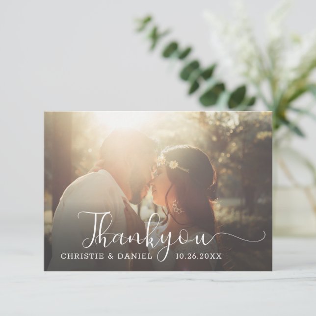 Elegant Chic Hand Lettering Script Wedding Photo Thank You Card (Standing Front)