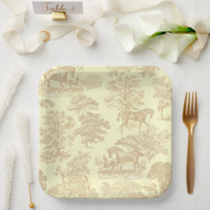 Elegant Chic Horse Toile Beige Cream Paper Plate