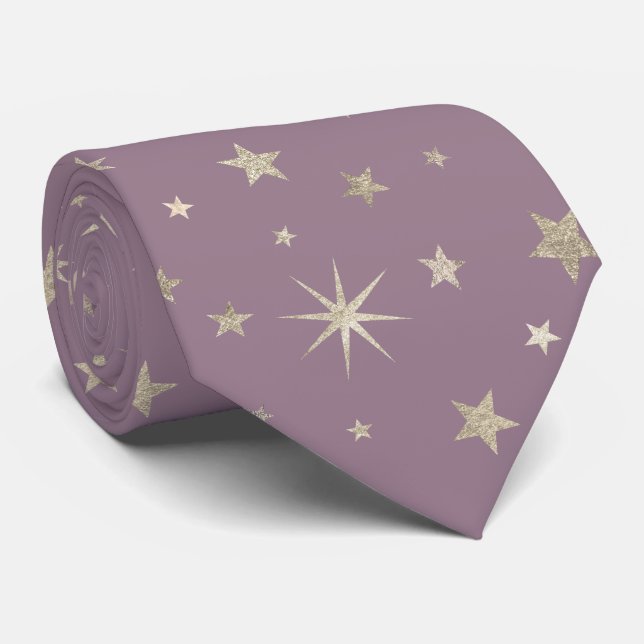 Elegant Chic Lavender Purple Silver Stars Monogram Tie (Rolled)
